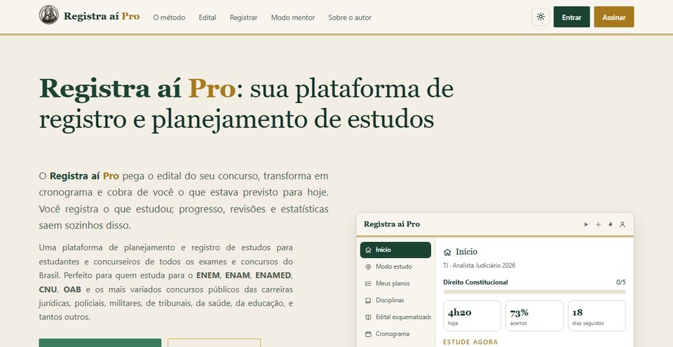 Prévia da vitrine do Registra aí Pro